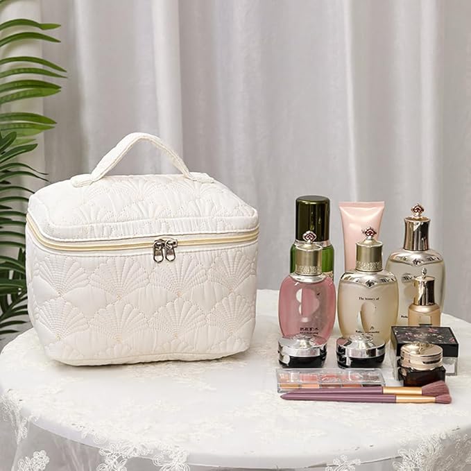3 Pieces Quilted Cotton Makeup Bag,Large Capacity Cosmetic Organizer for Travel,Portable Cute Toiletry Pouch for Women,Makeup Artists,Organizing Enthusiasts,White Shell