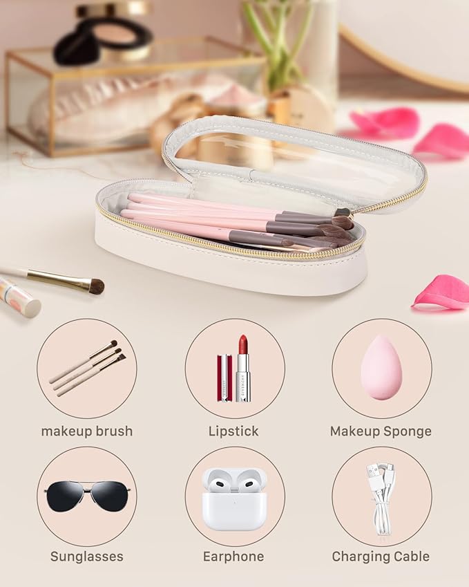 Soimeat Clear Travel Makeup Brush Holder, Leather Makeup Brush Toiletry Bag, Portable Cosmetic Brush Case, Transparent Waterproof Makeup Brush Storage Bag, White, Large