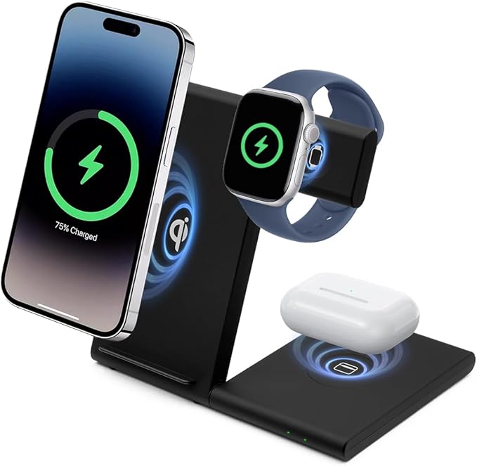 3 in 1 Foldable Wireless Charging Station for Apple Devices, 15W Fast Wireless Charger Stand for iPhone 17/16/15/14/13 /Plus/Pro/Pro Max/12/11, Apple Watch 10/9/8/7/Ultra2/Ultra/SE, AirPods 4/3/2/Pro