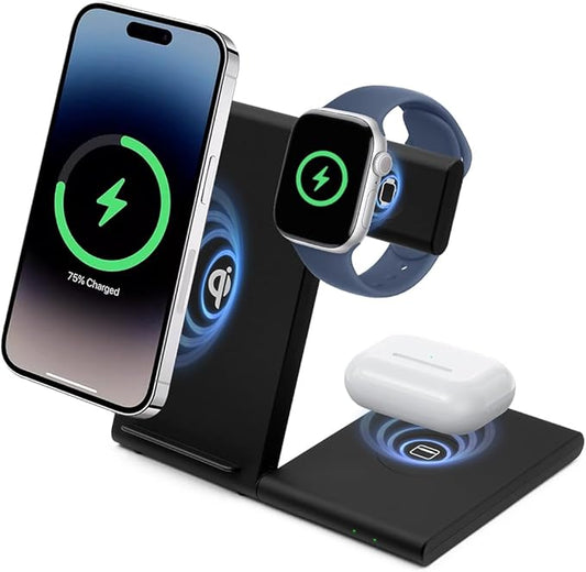 3 in 1 Foldable Wireless Charging Station for Apple Devices, 15W Fast Wireless Charger Stand for iPhone 17/16/15/14/13 /Plus/Pro/Pro Max/12/11, Apple Watch 10/9/8/7/Ultra2/Ultra/SE, AirPods 4/3/2/Pro