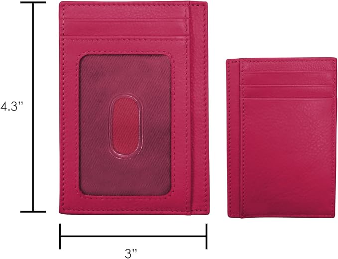 ili New York Genuine Leather Slim RFID Card Holder for Men - 7 Slots, Clear ID Window with Thumb Slide, Compact 4.5" x 3", Minimalist Credit Card Holder for Front or Back Pocket - Indian Pink