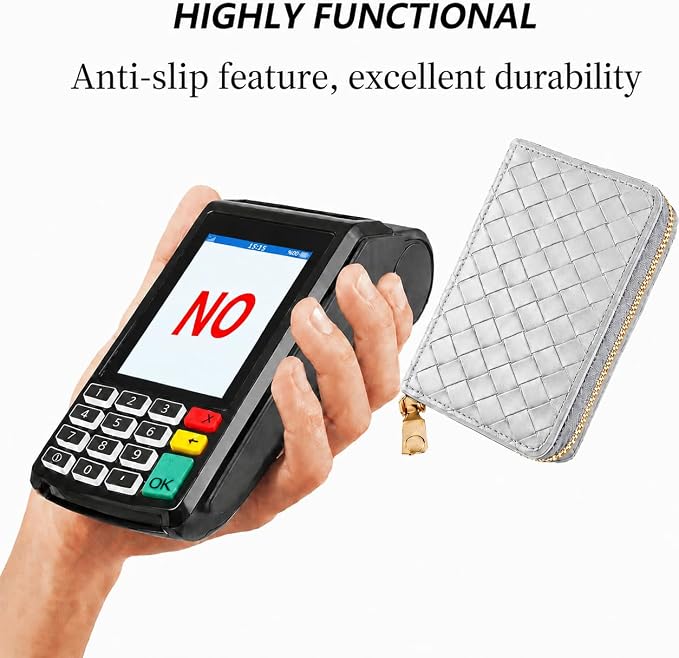 Ladies change card bag, zip storage bank card case, small portable 11 large capacity pouch, holds banknote change credit card(Braided pattern grey)