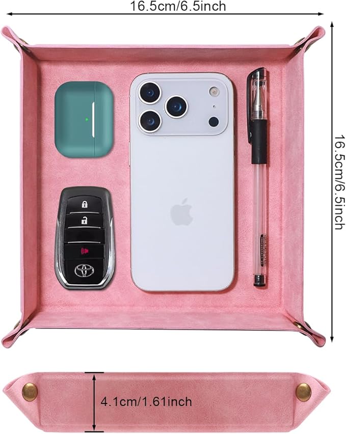 Valet Tray Desktop Storage Organizer – Premium PU Leather Catchall Bedside Vanity Tray Nightstand Caddy Holder for Remote Controller, Keys, Phone, Wallet, Coin, Jewelry,Pink