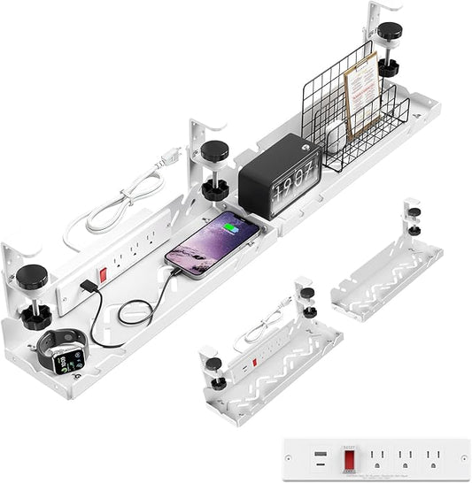 Extended Metal Under Desk Cable Management Tray with Power Outlet, No-Drill Wire Organizer with Clamp, Cord Storage Raceway for Desk Cable Management for Office Home (White)