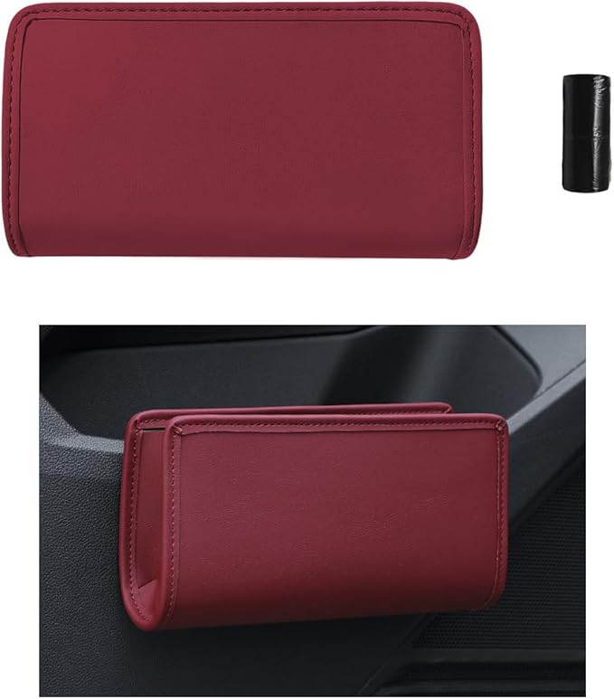 DXNQ Car Trash Can, Foldable Leather Hanging Trash Bag, Multi-Function Mini Storage Box Garbage Can for Car, Wine Red