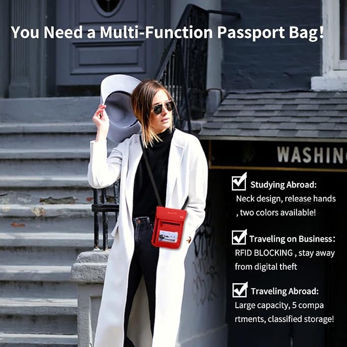 Passport Holder for Travel, RFID Passport Wallet with Visual Window Design, Multifunctional Document Organizer, Waterproof Travel Pouch Neck Wallet for Men and Women, Red