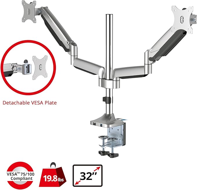 SIIG Dual Monitor Stand for 13" to 32", Premium Desk Mount with USB and Audio Ports, Height Adjustable, Tilt and Swivel, Max VESA 100x100mm, C-Clamp, Each Arm Holds 19.8 lbs (CE-MT2X11-S1)