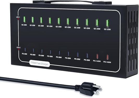 770W USB Charging Station, 20 Port Fast Charging Station for Multiple Devices, PD-140W USB C Charger Block, Smart Power Delivery & Multi Protection for Laptop MacBook iPhone, iPad, Tablet, and More