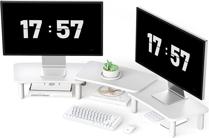 AFOOYO Dual Monitor Stand For Desk,Adjustable Height Long Wood Computer Riser For Computer,Laptop,Printer,TV,White
