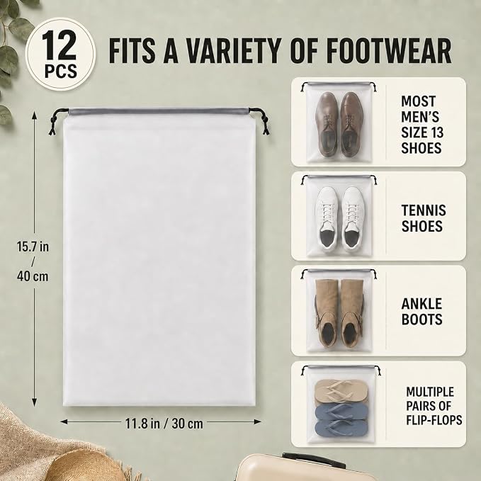 Shoe Bags for Travel, 12 Pack Clear Drawstring Organizers, Waterproof PE Plastic Pouches for Packing Shoes, Toiletries, Cosmetics, Gym Clothes, Wet Swimsuits
