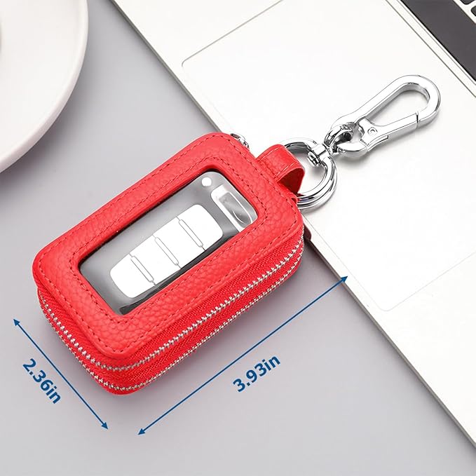 BELOMI Car Key Fob Case, Genuine Leather Remote Keychain Bag with Lanyard and Zipper Closure, Key Protection Cover for Men Women (Red)