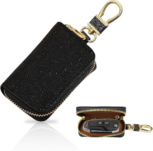 Bling Car Key Case, Leather Keyring Zipper Bag with Metal Hook, Remote Key Fob Cover, Auto Keychain Holder (Black)