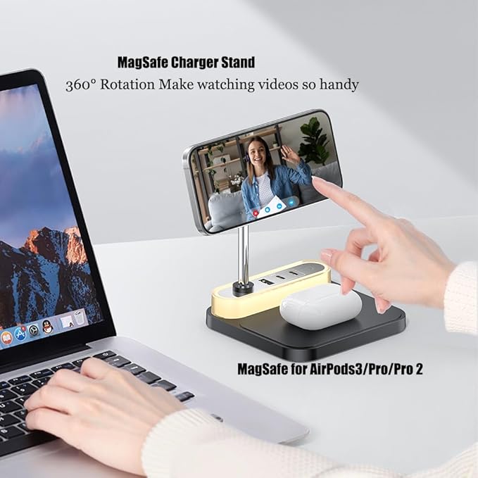 4-in 1 Magnetic Wireless Charging Station with Night Light, 15W Fast Mag-Safe Charge for iPhone 16/15/14/13/12 & AirPods, 3-Port Hub (2xType-C, 1xUSB) for Home, Office, Hotel
