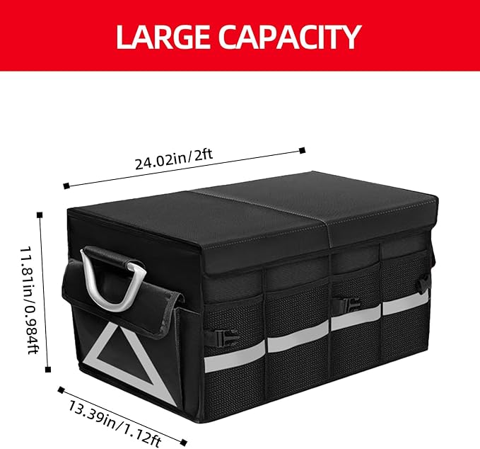 Trunk Organizer Wiith Lid For SUV, Truck, Car Trunk Organizer, Large, Black, 4-Compartments With Handle