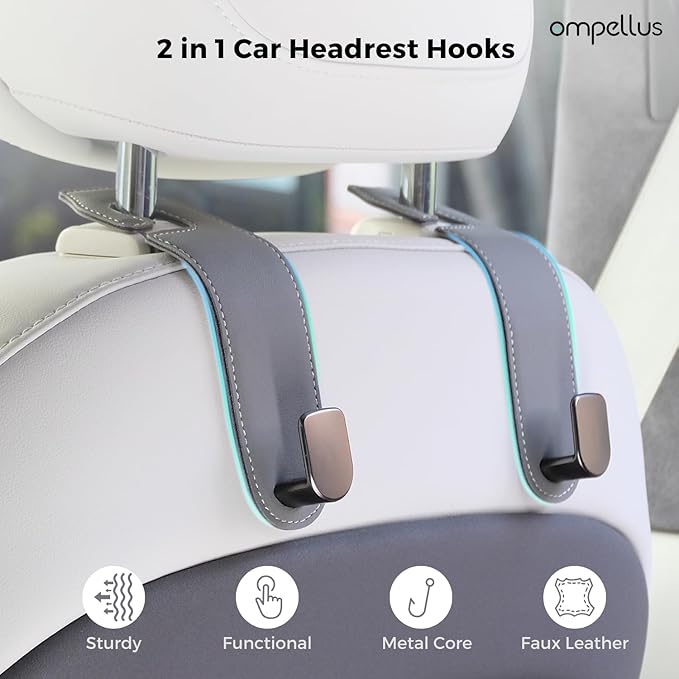 Car Headrest Hook, 2 Pack Leather Car Seat Hooks for Purses and Bags, Car Organization Accessories (Grey)