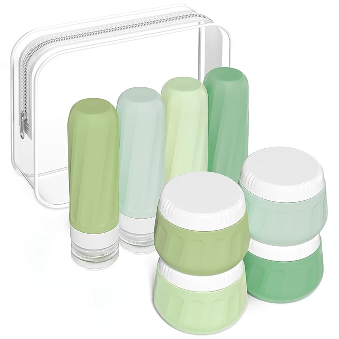 Mrsdry Travel Size Toiletries 8 Pack, TSA Approved 3oz Silicone Squeeze Bottles & Cream Jars with Clear Travel Bag