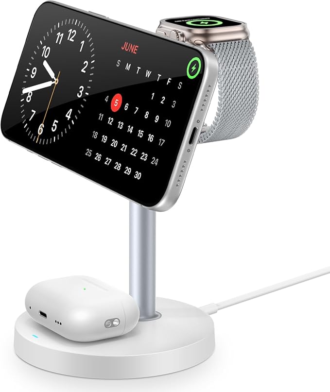 3 in 1 Magnetic Wireless Charging Station, 15W Fast Charger Stand for iPhone, Phone Charger Stand for Desk Nightstand, Compatible with iPhone 17/16/15/14, Apple Watch & AirPods, Adapter Not Included