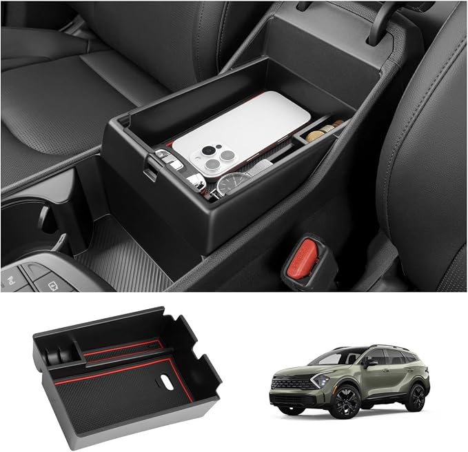 LUWU 2025 2026 S portage Center Console Organizer for 2023 2024 2025 2026 Kia S portage Accessories Armrest Console Storage Box Insert Tray [NOT for Manual Transmission] ABS Material Red-trim