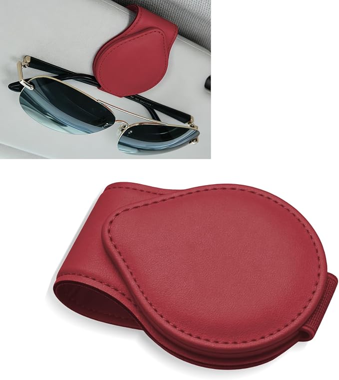 Sunglasses Holders for Car Visor, PU Leather Car Organizer, Magnetic Glasses Holder and Ticket Card Clip, Multi-Functional Auto Sun Visor Eyeglass Holder for Most Vehicles (Wine Red)