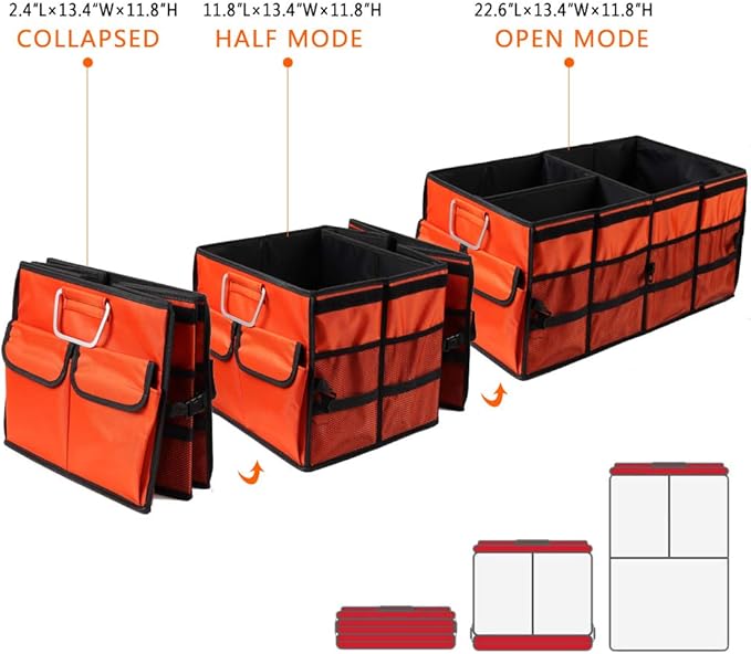 Car Trunk Organizer Collapsible Portable Multi Compartments Organizer with Non Slip Straps for SUV Truck Auto Vehicle Car Auto Minivan (Large without cover, Orange)