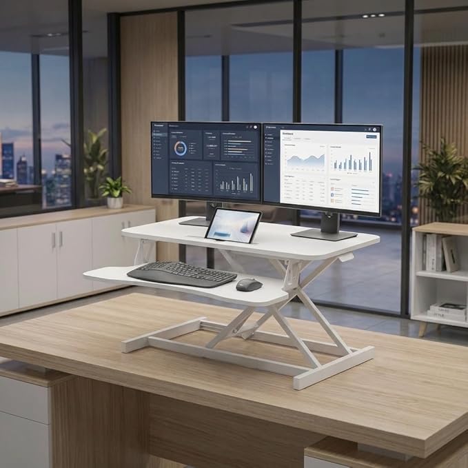 32 Inch Height Adjustable Stand Up Desk Riser, Heavy Duty Computer Workstation with Removable Keyboard Tray - Ergonomic Design for Home Office Workshop Gaming, Spacious Platform(White)