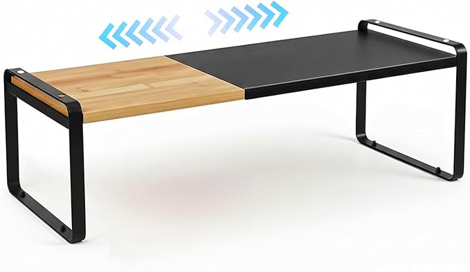 Expandable Desk Shelf Organizer, Sturdy Bamboo Desktop Riser for Monitor, Laptop & Office Storage, Modern Workspace Stand Accessories (Black)