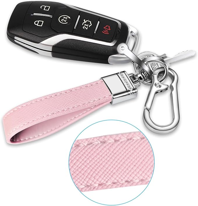 QBUC Genuine Leather Car Keychain,Universal Heavy Duty Metal Key Chain Accessories,Car Fob Key Keychain Holder with 360 Degree Rotatable Snap Swivel and Anti-Lost D-Ring for Men Women(Light Pink)