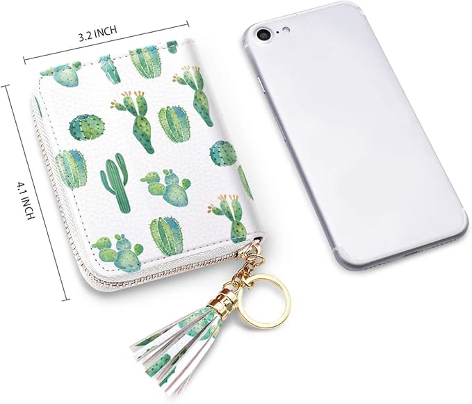 Coco Rossi Women's Small Credit Card Wallet RFID Cute Cactus Card Holder for Women with Kaychain & Keyring, Cactus