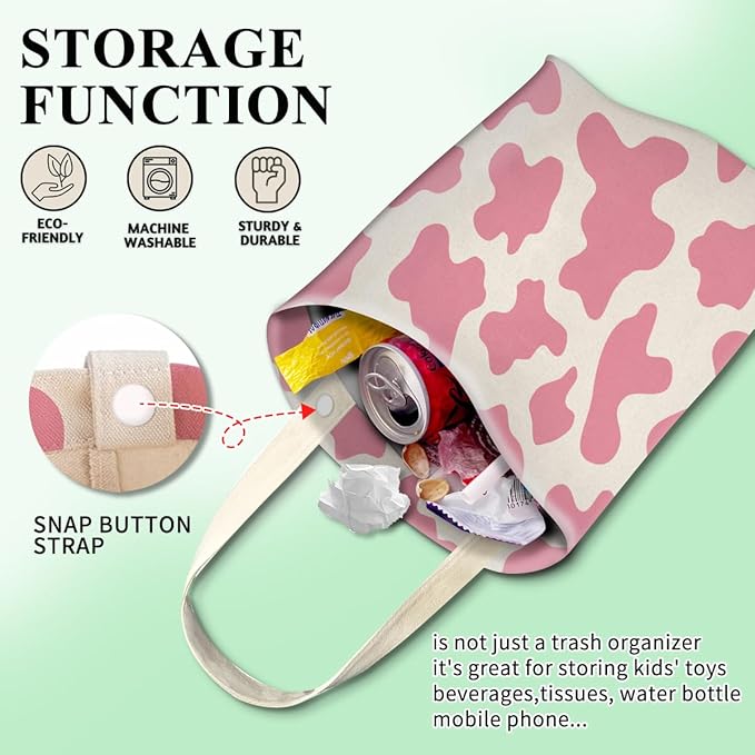 Cute Car Organizer and Storage Bag, Hanging Trash Bin for Vehicle, Travelling, Camping - Pink Cute Cow Print
