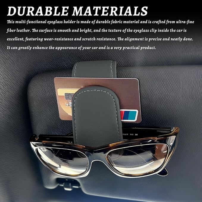 Sunglass Holder for Car, Car Sunglass Holder, Magnetic Leather Sunglasses Holder and Ticket Card Clip, Auto Multi-Functional Sun Visor Eyeglass Holders for SUV Pickup Truck (Grey)
