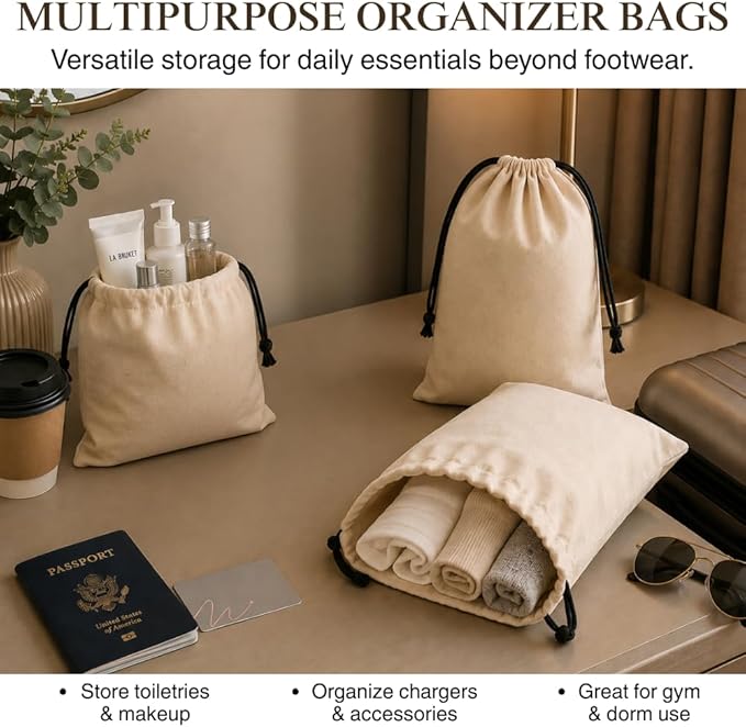3 Pack Shoe Bags for Travel, Drawstring Portable Shoe Bags for Storage, Travel Essential Cotton Footwear Laundry Bag For Men & Women, Dustproof Reusable Organizer Bags for Sneakers: 26"x20"