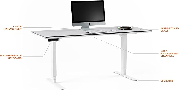 BDI Furniture Centro 6452-2 - 66'' x 30" Standing Desk for Home or Office, Electric Height Adjustable with Memory Preset, Cable Management and Satin-Etched Glass Top, Satin White