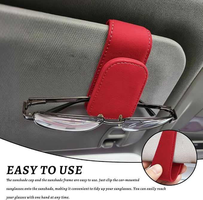 Sunglass Holder for Car, Car Sunglass Holder, Magnetic Leather Sunglasses Holder and Ticket Card Clip, Auto Multi-Functional Sun Visor Eyeglass Holders for SUV Pickup Truck (Red)