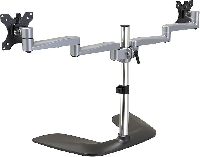 StarTech.com Dual Monitor Stand - Ergonomic Desktop Monitor Stand for up to 32" VESA Displays - Free-Standing Articulating Universal Computer Monitor Mount - Adjustable Height - Silver (ARMDUALSS)