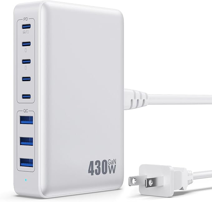 USB C Charger 430W USB C Charger Block, 8-Ports GaN IV Fast Charging Station Hub,PD 100W Laptop Charger Adapter,for MacBook Pro/Air/iPad/iPhone16/15/14/Apple Watch/DELL/Samsung for Home Office