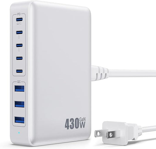 USB C Charger 430W USB C Charger Block, 8-Ports GaN IV Fast Charging Station Hub,PD 100W Laptop Charger Adapter,for MacBook Pro/Air/iPad/iPhone16/15/14/Apple Watch/DELL/Samsung for Home Office