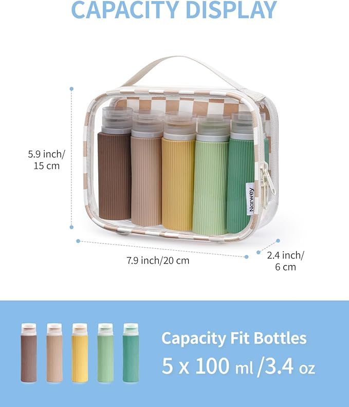 Narwey TSA Approved Clear Toiletry Bag for Travel Waterproof PVC Clear Makeup Bags, Portable Compact Cosmetic Bag Make Up Organizer, Airport Airline Quart Size Compliant Bag (Light Brown Checkerboard)