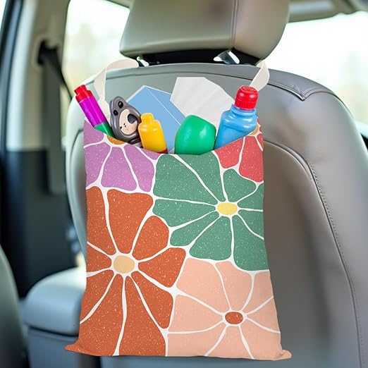 Retro Flower Car Trash Can, Car Trash Bag Hanging, Waterproof Cars Back Seat Hanging Organizer and Storage Trash Bags for Vehicle Travelling Camping