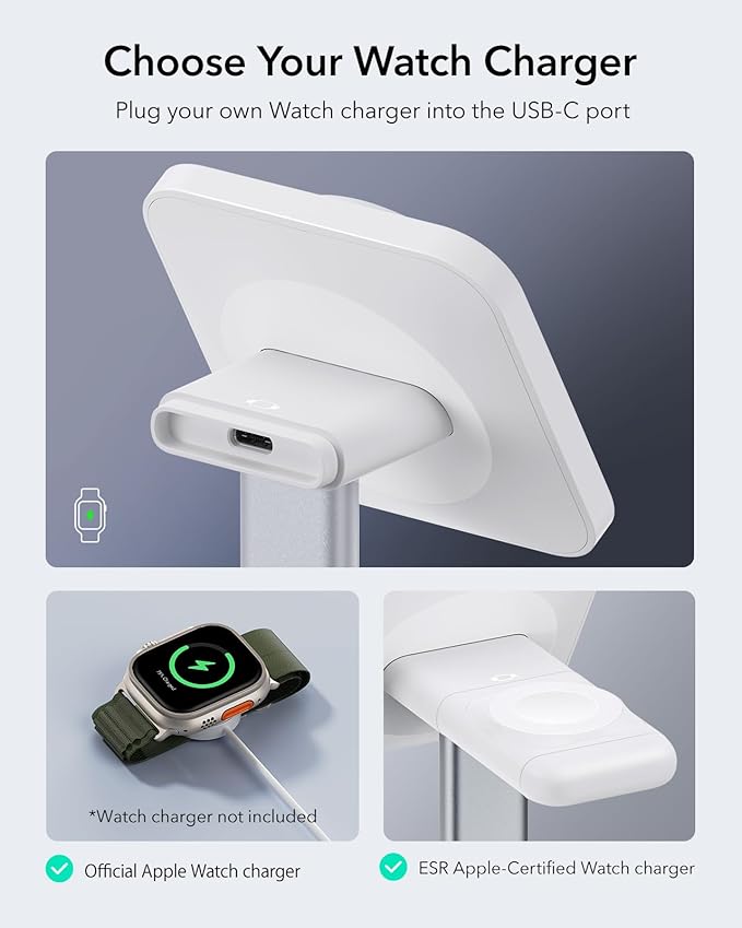 ESR 2 in 1 Charging Station for Apple, MagSafe Charger Stand for iPhone [Certified], Magsafe Charging Station for Multiple Devices iPhone 16/15/14/13/12, Apple Watch, & AirPods, White