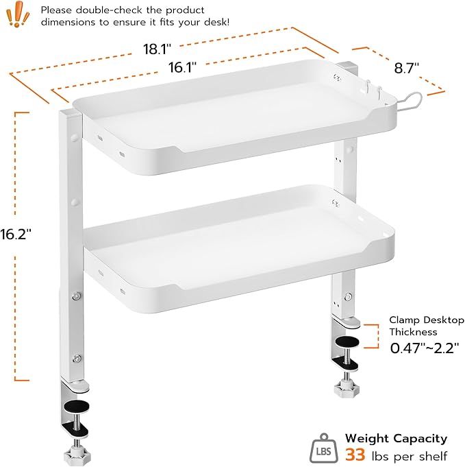 ARES WING 2-Tier Clamp On Desk Shelf, 16 inch Adjustable Above or Under Desk Storage Shelves Holds 66 lbs, Heavy Duty Desktop Organizer with Headphone Holder for Working and Gaming Accessories, White