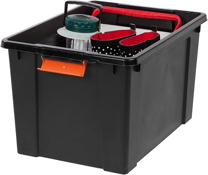 IRIS USA 20 Gallon Lockable Storage Bins with Lids, 2 Pack - Made in USA, Heavy Duty, Stackable Containers, Garage Organizing Bins Moving Tubs, Rugged Sturdy Equipment Utility Box - Black/Orange
