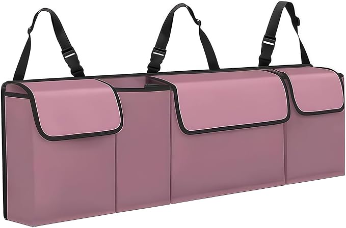 Car Trunk Organizer, Waterproof Backseat Hanging Large Storage with Adjustable Straps, Collapsible Cargo Bag with 4 Pockets, Sturdy Space Saver Frees Trunk Floor for SUV, Truck, MPV (Pink)