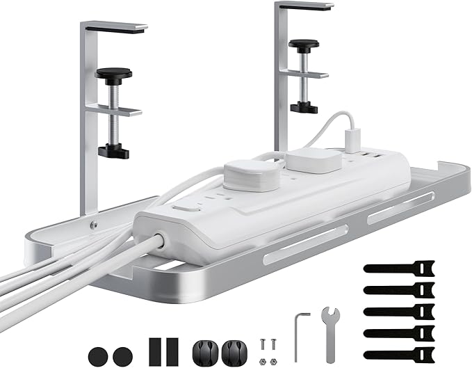 Mavens Under Desk Cable Management Tray, 13.7" No Drill Aluminum Alloy Cord Organizer with Clamps for Wire Management, Cord Organizers for Home Office Standing Desk (Elegant Silver)