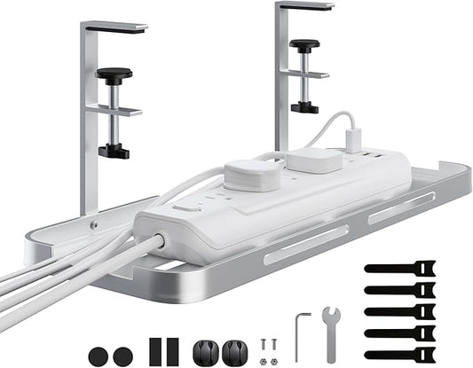 Mavens Under Desk Cable Management Tray, 13.7" No Drill Aluminum Alloy Cord Organizer with Clamps for Wire Management, Cord Organizers for Home Office Standing Desk (Elegant Silver)