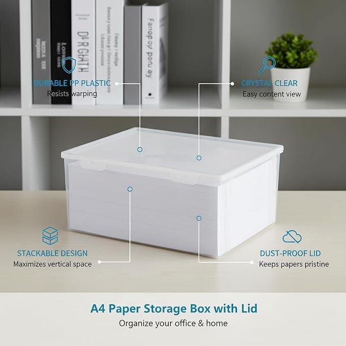 Clear A4 Document Storage Box with Lid, Stackable PP File Organizer for Office Desk & Shelf