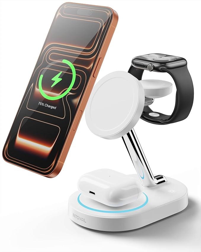 Intoval Fast Charging Station for Magsafe Apple Devices, Wireless Charger for MagSafe iPhones, 3 in 1 Magnetic Charger Stand for iPhone16/15/14/13, Apple Watch & AirPods