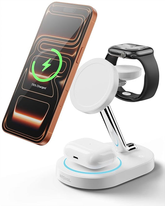 Intoval Fast Charging Station for Magsafe Apple Devices, Wireless Charger for MagSafe iPhones, 3 in 1 Magnetic Charger Stand for iPhone16/15/14/13, Apple Watch & AirPods