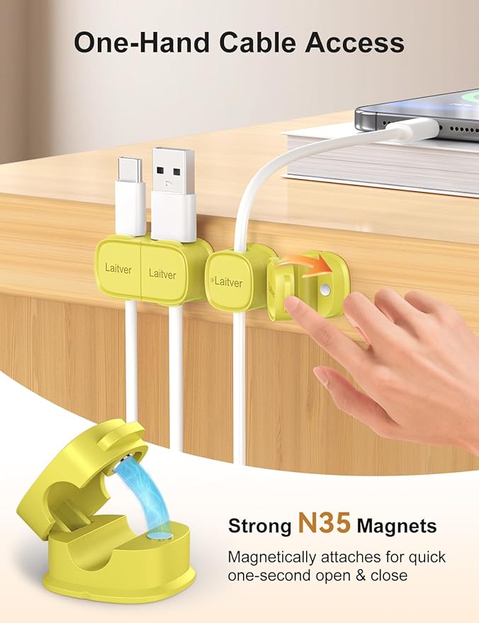 6 Pack Magnetic Cable Clips [1s Open/Lock], Laitver Cord Organizer Holder Strong Adhesive Desk Cable Management- Organize Charging Cords Neatly for Home, Office, Car,Desk, Nightstand-Emerald Green