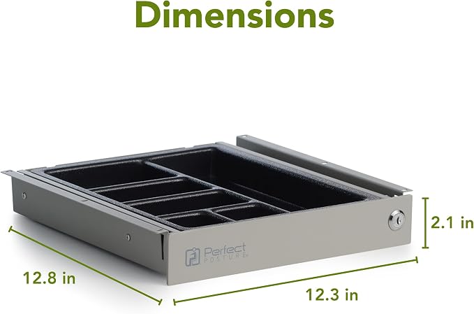 PERFECT POSTURE Max Under Desk Storage Drawer – Large Desk Drawer with Lock for Regular & Sit-Stand Standing Desks, Gray (12.3” x 12.8”)