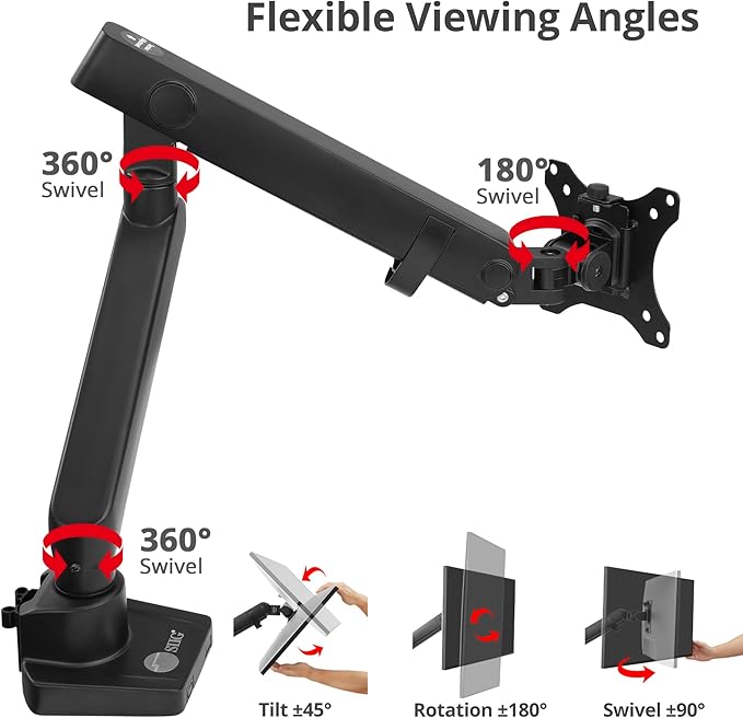 SIIG Aluminum Mechanical Single Monitor Arm Mount - Height Adjustable Desk Mount for 17in to 32in Screens - 17.6lbs Max VESA 75x75mm 100x100mm, Black